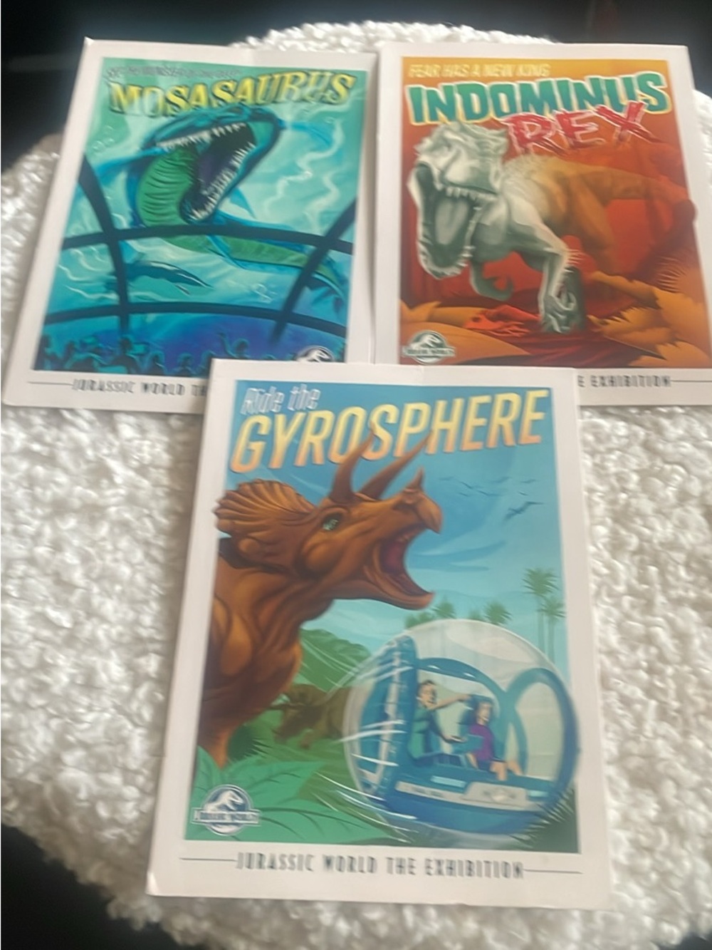 Jurassic World Exhibition postcard Set - Mosasaurus, Indominus Rex, Gyrosphere